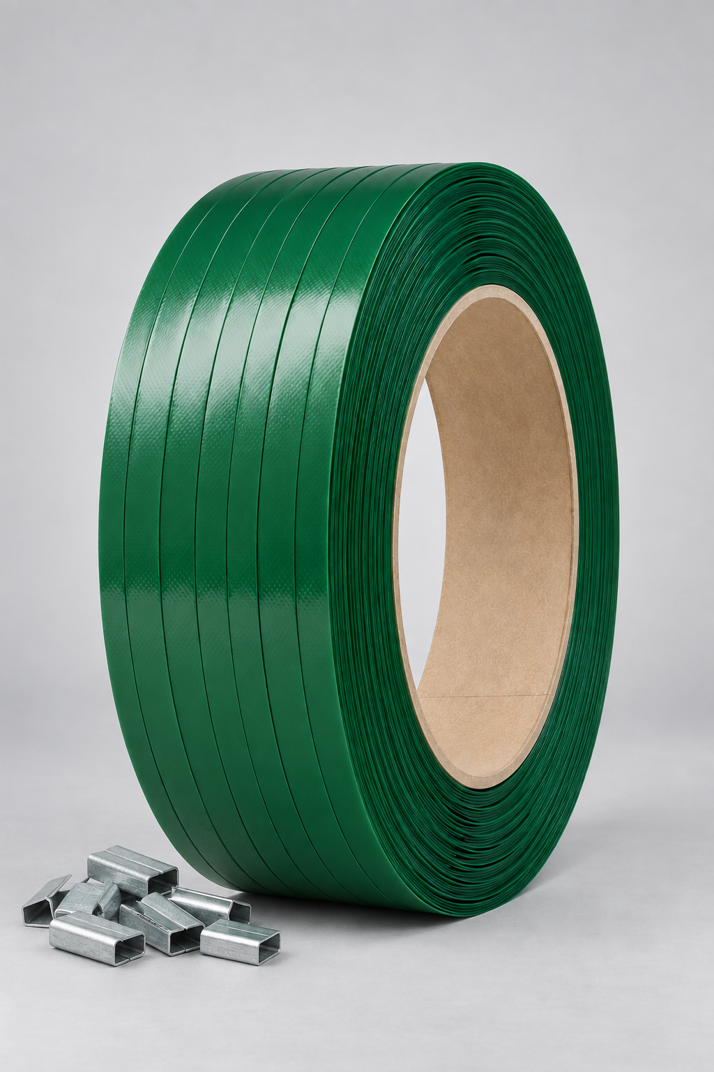 Rolo de fita PET verde com selos metálicos para arqueação
